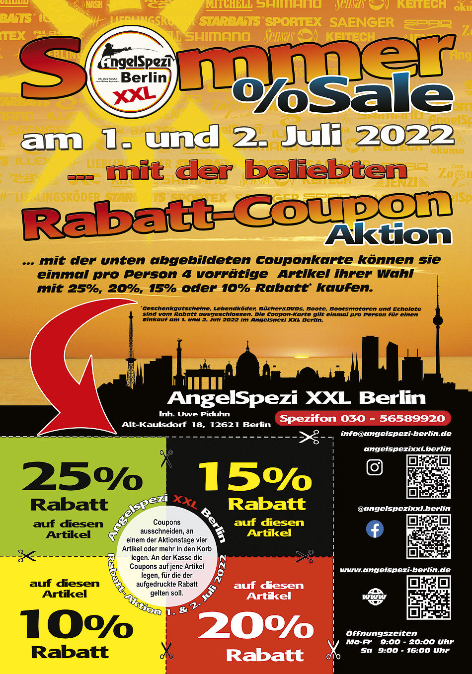  Sommer-Sale mit Coupon-Rabatt-Aktion am 1. und 2. Juli 2022 im Angelspezi XXL Berlin 