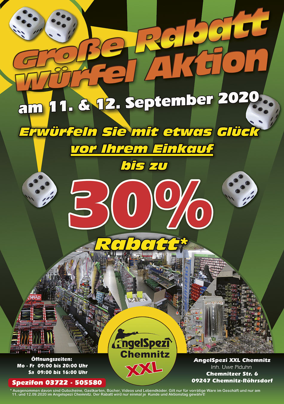 Große Rabatt-Würfel-Aktion im Angelspezi XXL Chemnitz am 11. und 12. September 2020